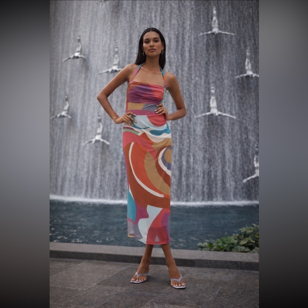 Anthropologie Multicolor Swirl Midi Dress with Pink, Blue & Orange